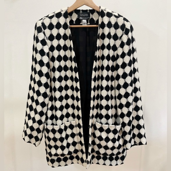 Gillian  100% Wool Black Cream Diamond Geometric Pattern Blazer **Vintage** - Picture 1 of 6